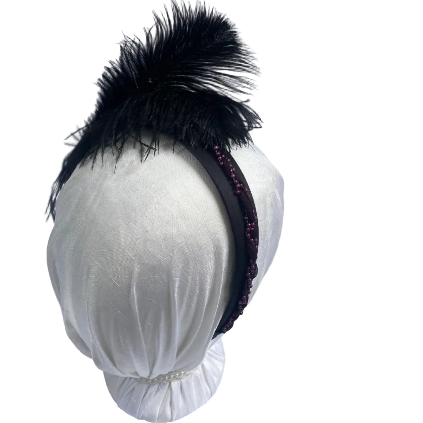 black and  purple feathered headband for regency ball.