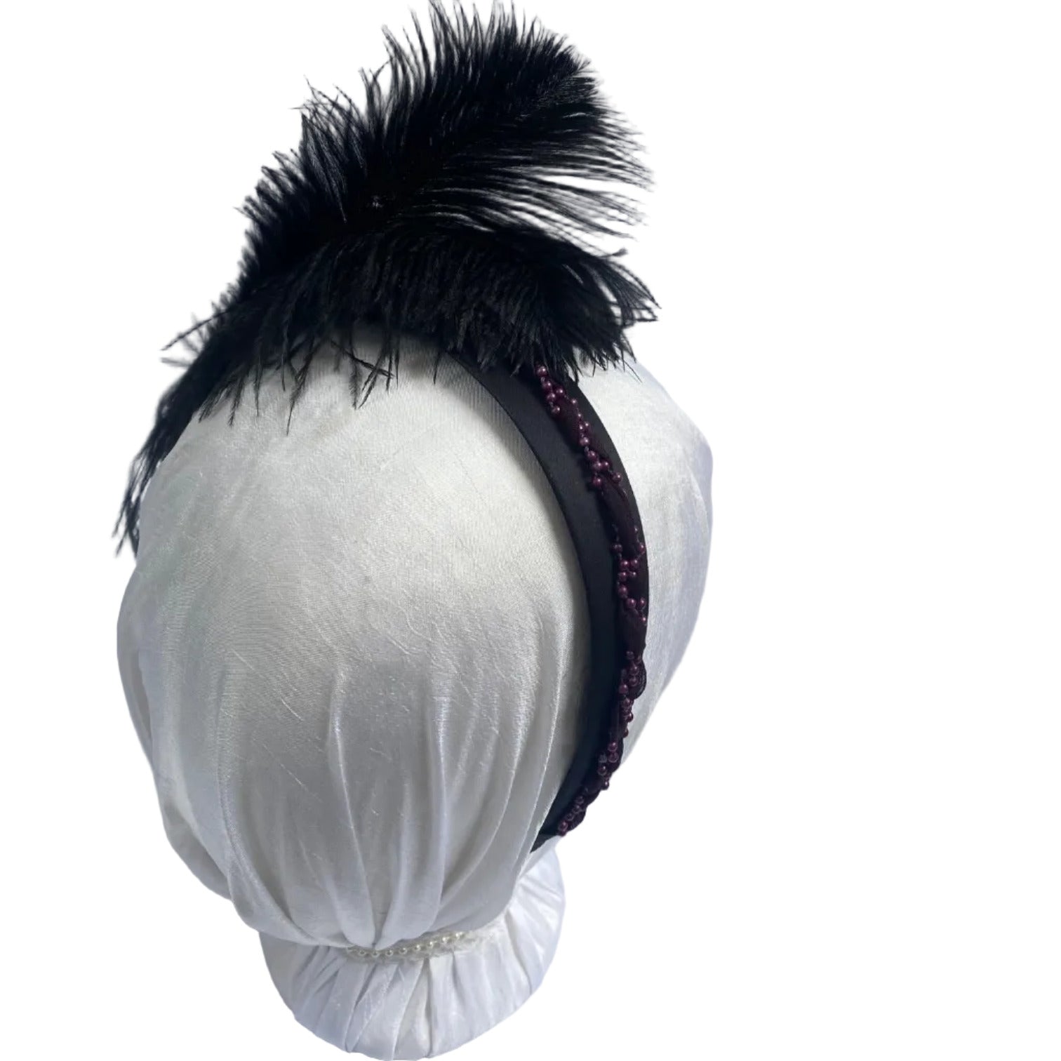 black and  purple feathered headband for regency ball.
