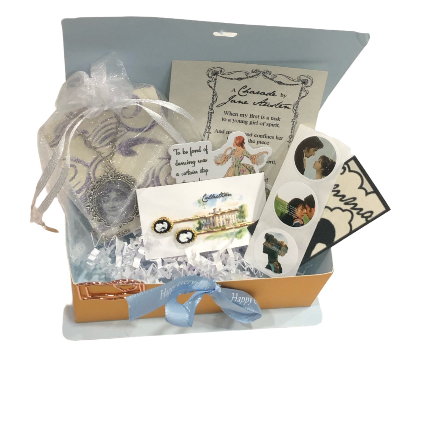Book shaped box filled with Jane Austen themed gifts