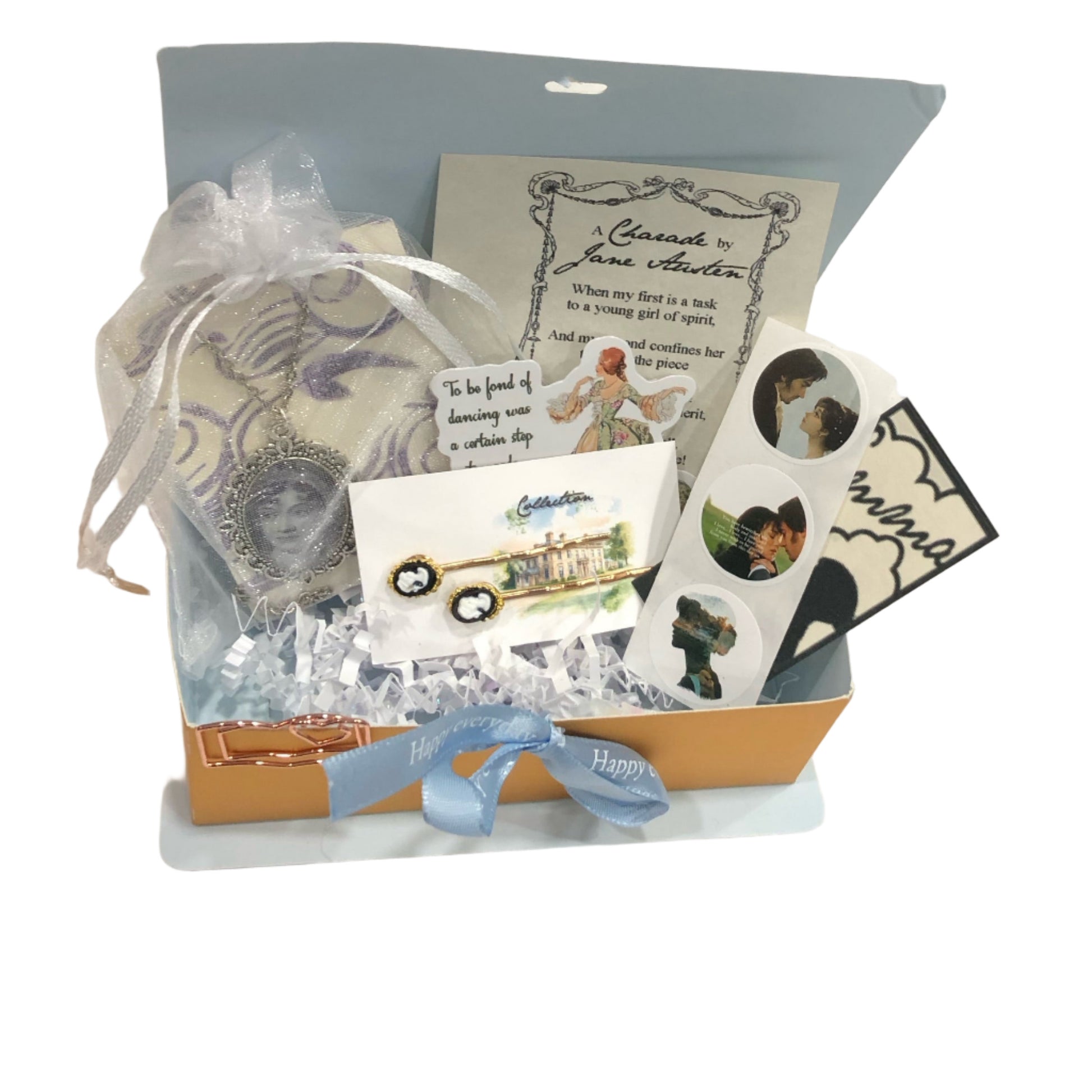 Book shaped box filled with Jane Austen themed gifts
