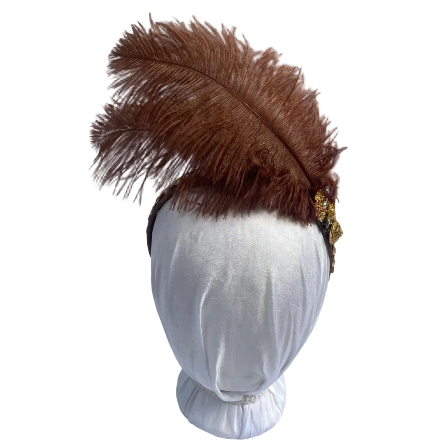 brown and gold feathered headband for regency ball