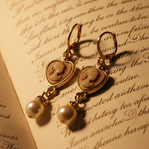 heart shaped cameo earrings with hanging pearl beads