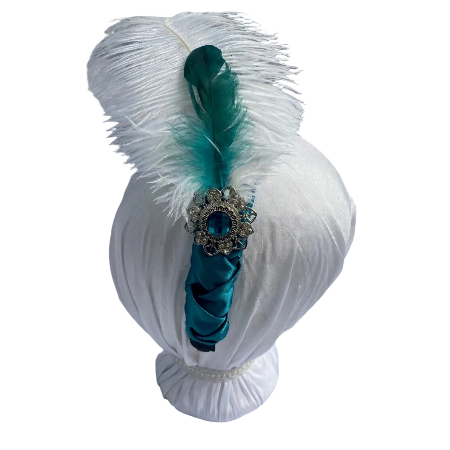 white and aqua headband with jewels and feathers