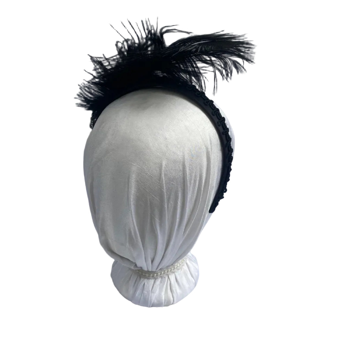 black satin head band with plumes for regency ball.