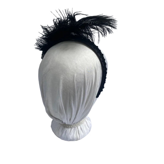 black satin head band with plumes for regency ball.