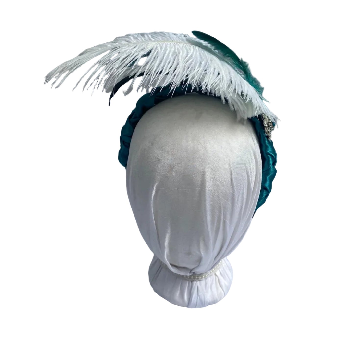 Satin Headband with Plumes: Aqua and White