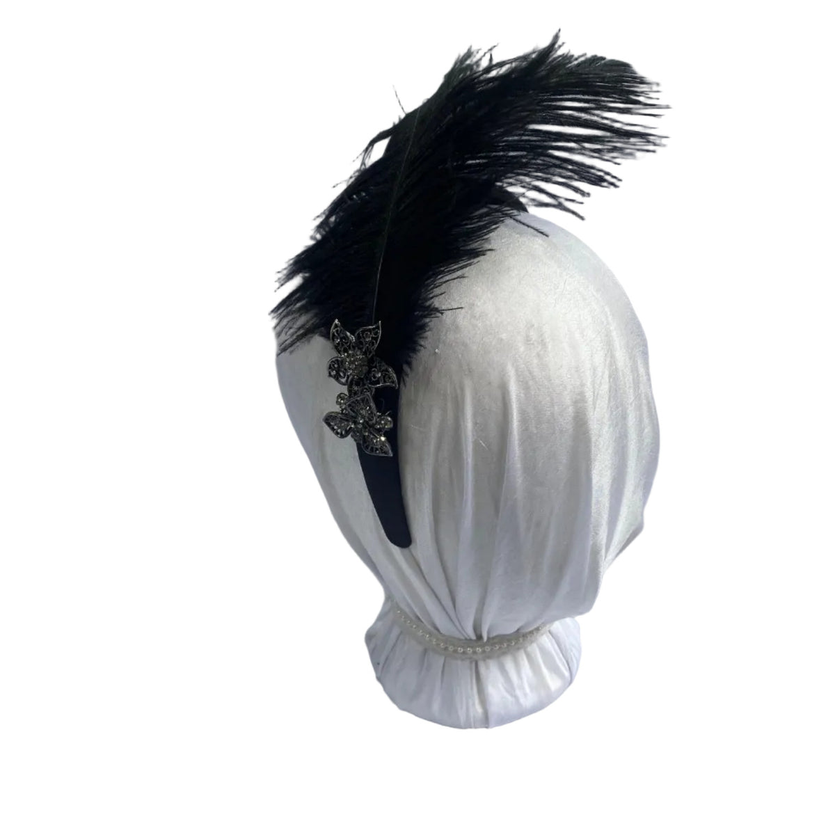 Satin Headband with Plumes: Black