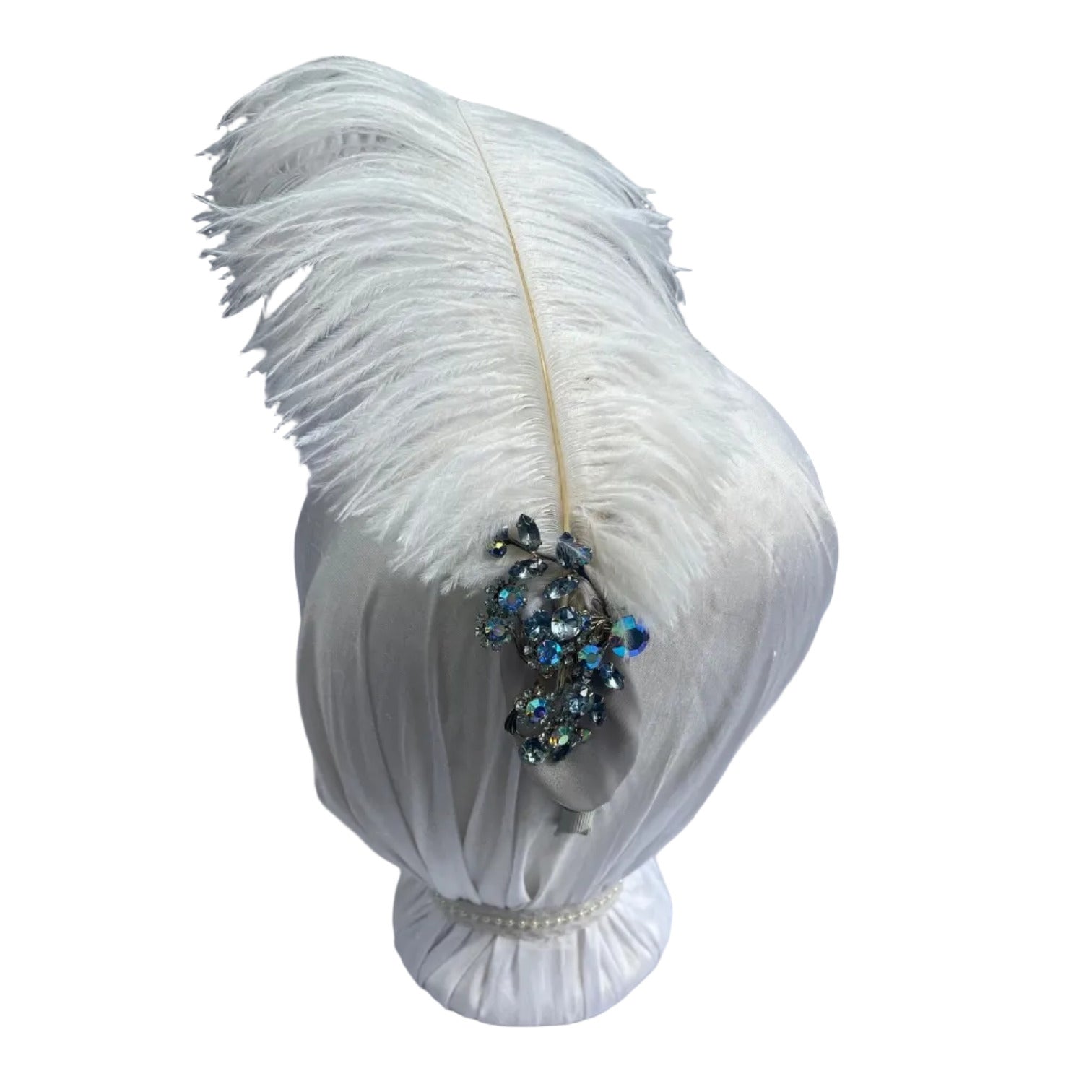 blue and silver feathered headband for regency ball with vintage pin