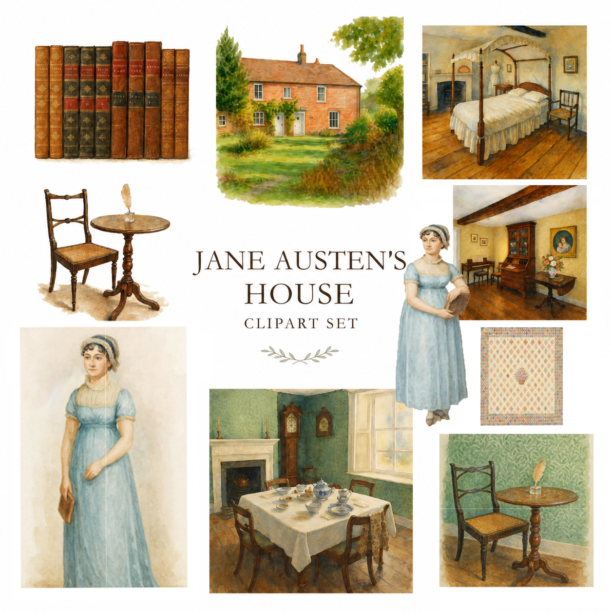 Jane Austen's Home 13 Instantly Downloadable Watercolor Clip Art Images