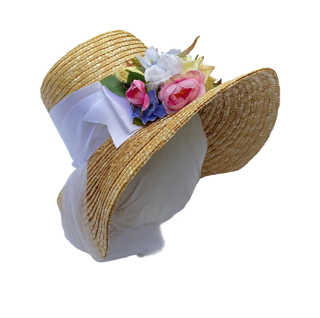 One of a kind hand made Pamela style Regency bonnet in a jane austen decor with colorful spring florals