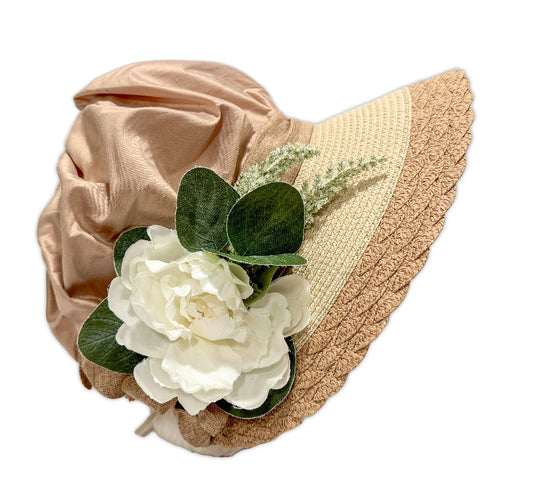 Regency stylized packable travel bonnet with peony and silk fabric: by Austentation