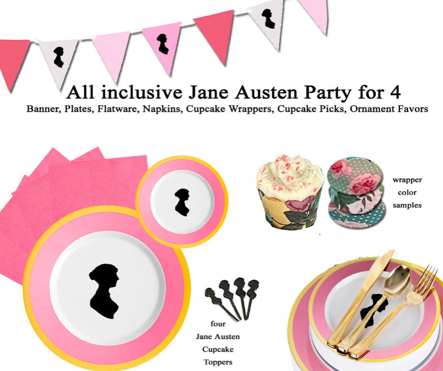 Jane Austen Party Kit for 4: Plates, Banner, Flatware, Cupcake Toppers & Wrappers