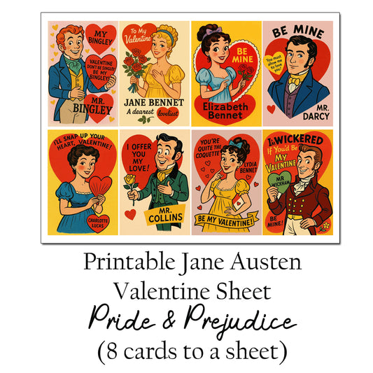 Pride and Prejudice themed Jane Austen inspired download and print valentine cards