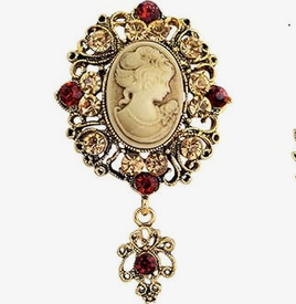 Large Rhinestone and Cameo Brooch: Brown