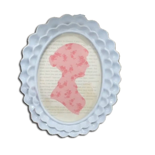 Framed Jane Austen Silhouette with Persuasion text background- pink and white
