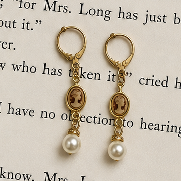 tiny brown cameo earrings with suspended pearl and crystal accents