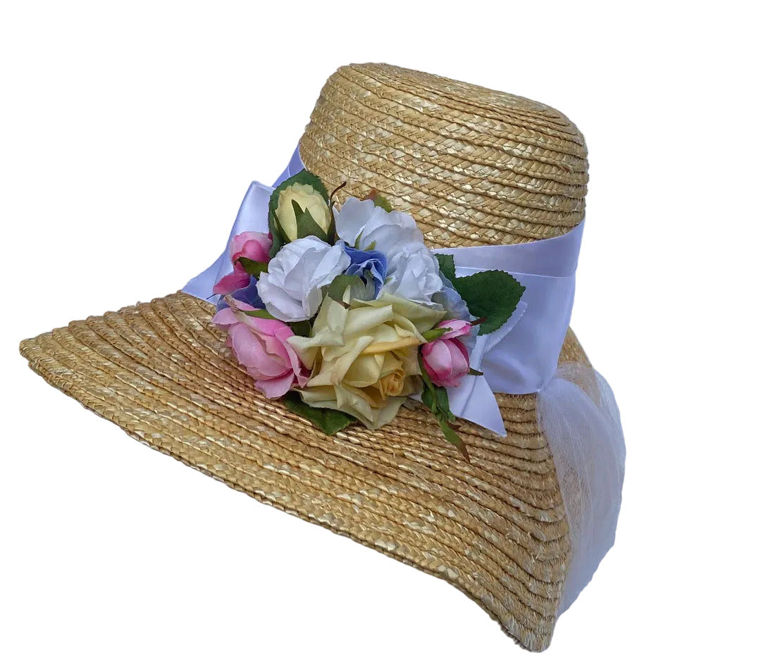 top view of pamela style regency bonnet with bright spring florals