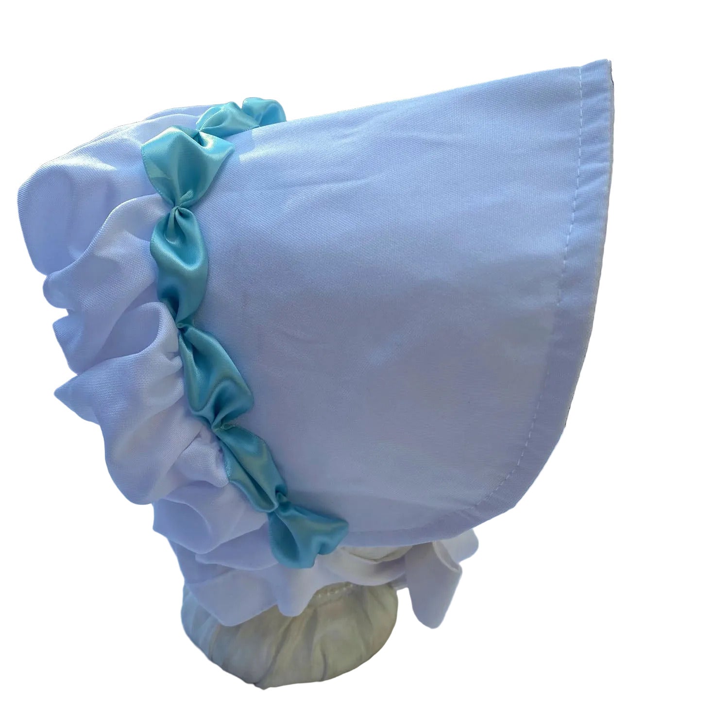 white prairie bonnet with blue ribbon