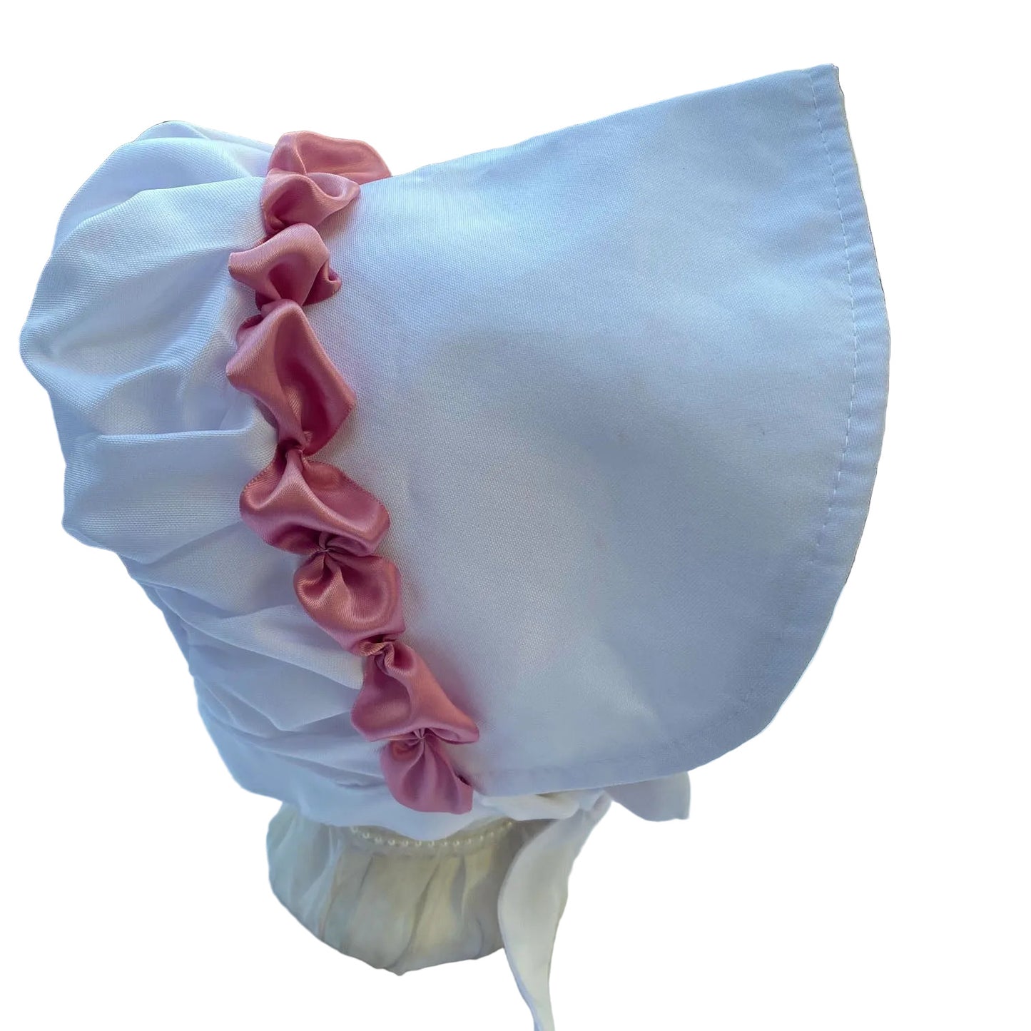 white prairie bonnet with pink ribbon trim