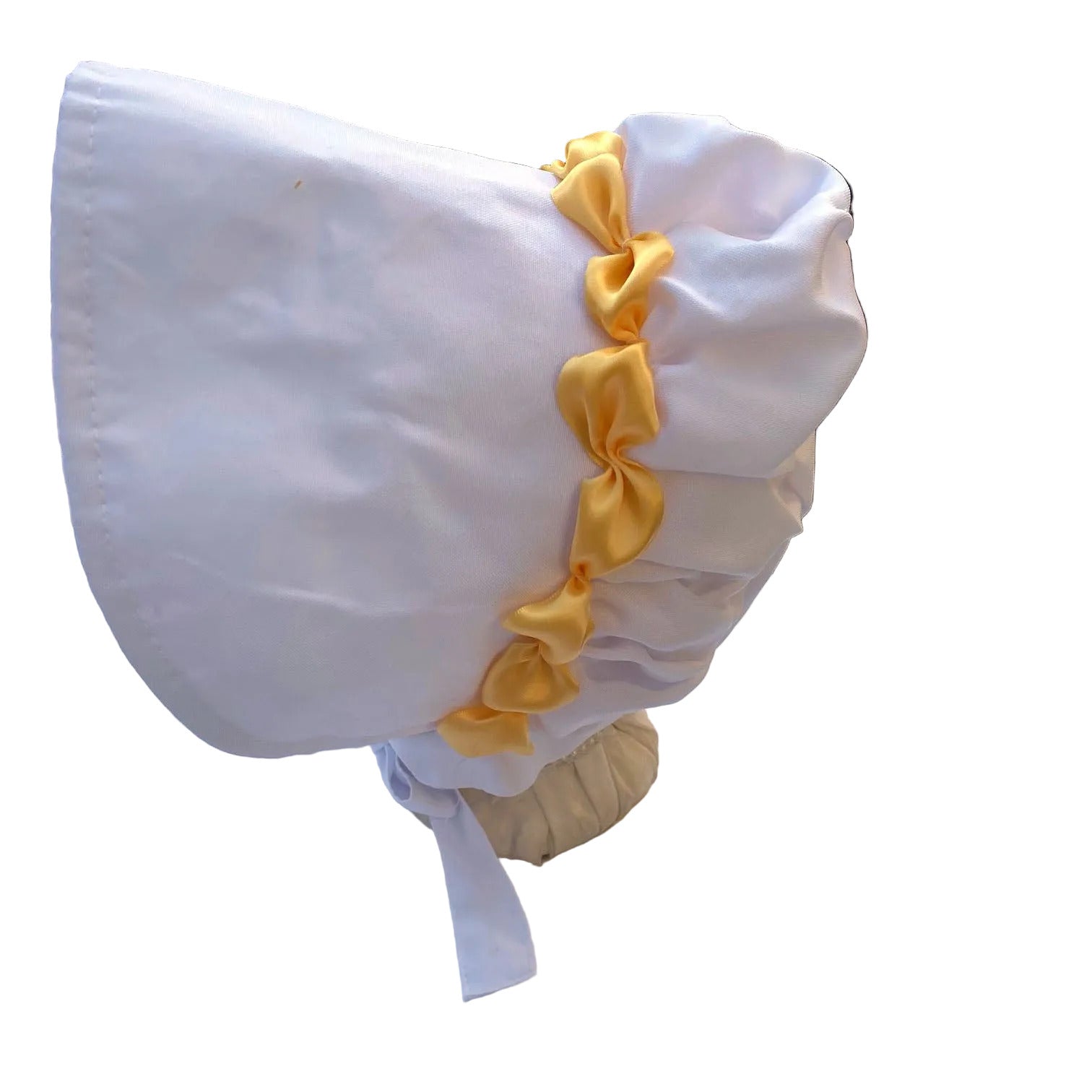 white prairie bonnet with yellow ribbon trim