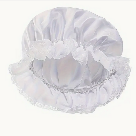 white fabric mob cap with lace edge