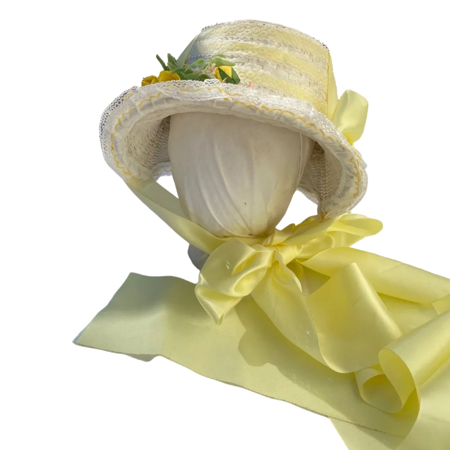 Front view of white wicker pamela style bonnet with vintage yellow trim