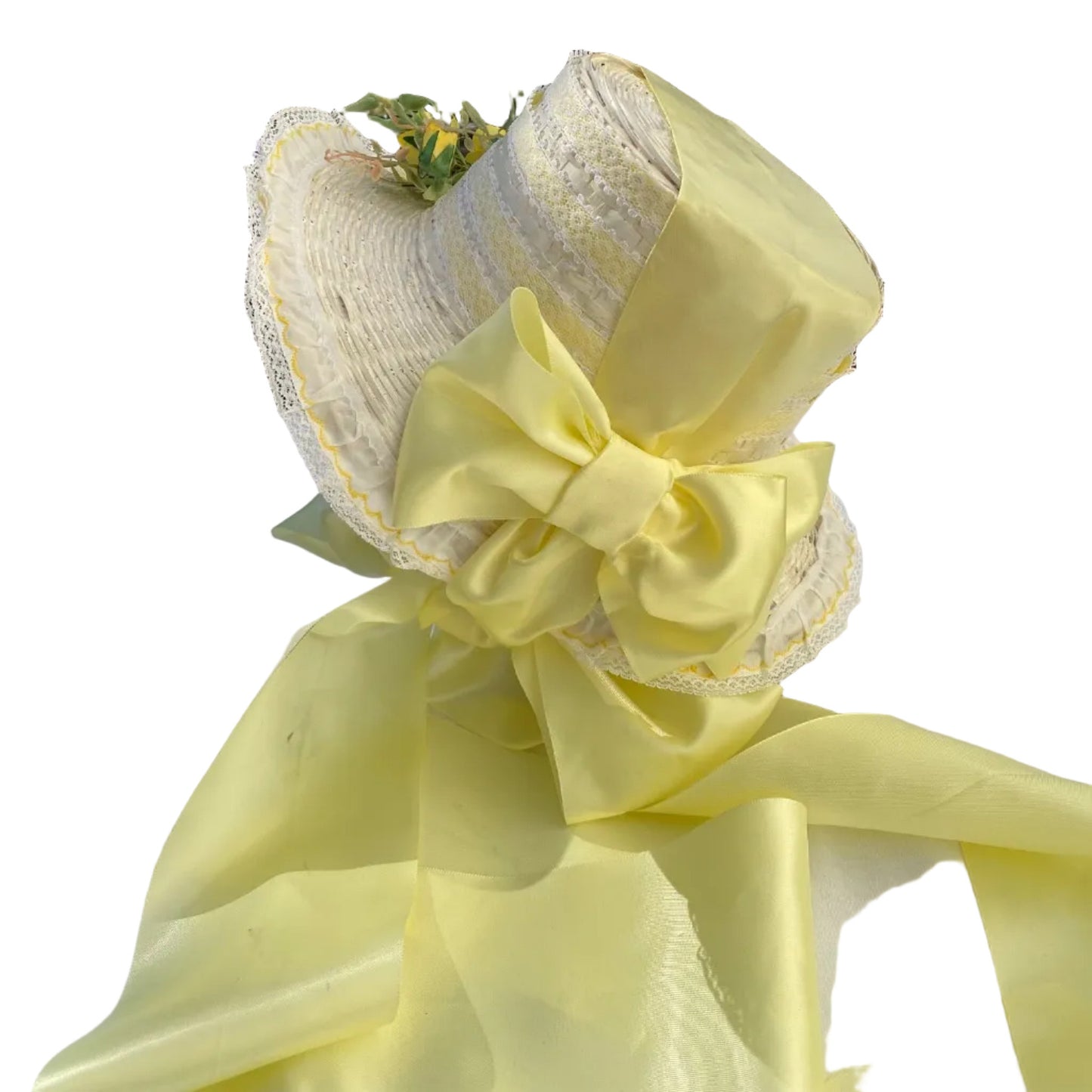 Side view of White Wicker Pamela Bonnet: Regency style bonnet from Austentation made in vintage yellow trim.