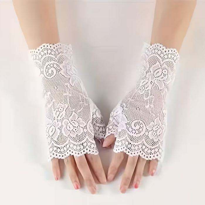 White lace mitts (fingerless gloves) for Regency and Victorian dress up occasions.