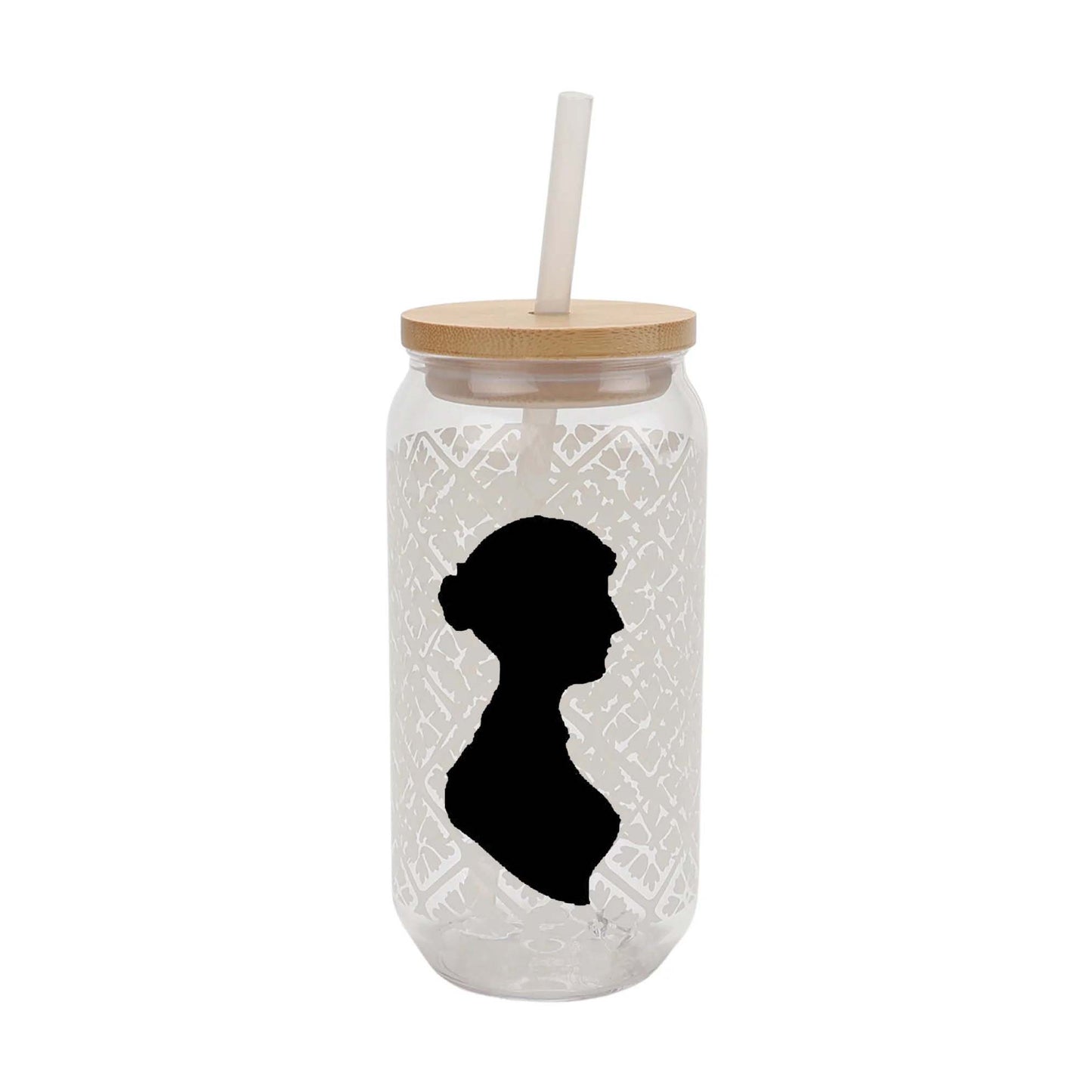 Jane Austen silhouette on reuseable  acryllic tumbler with bamboo lid and straw